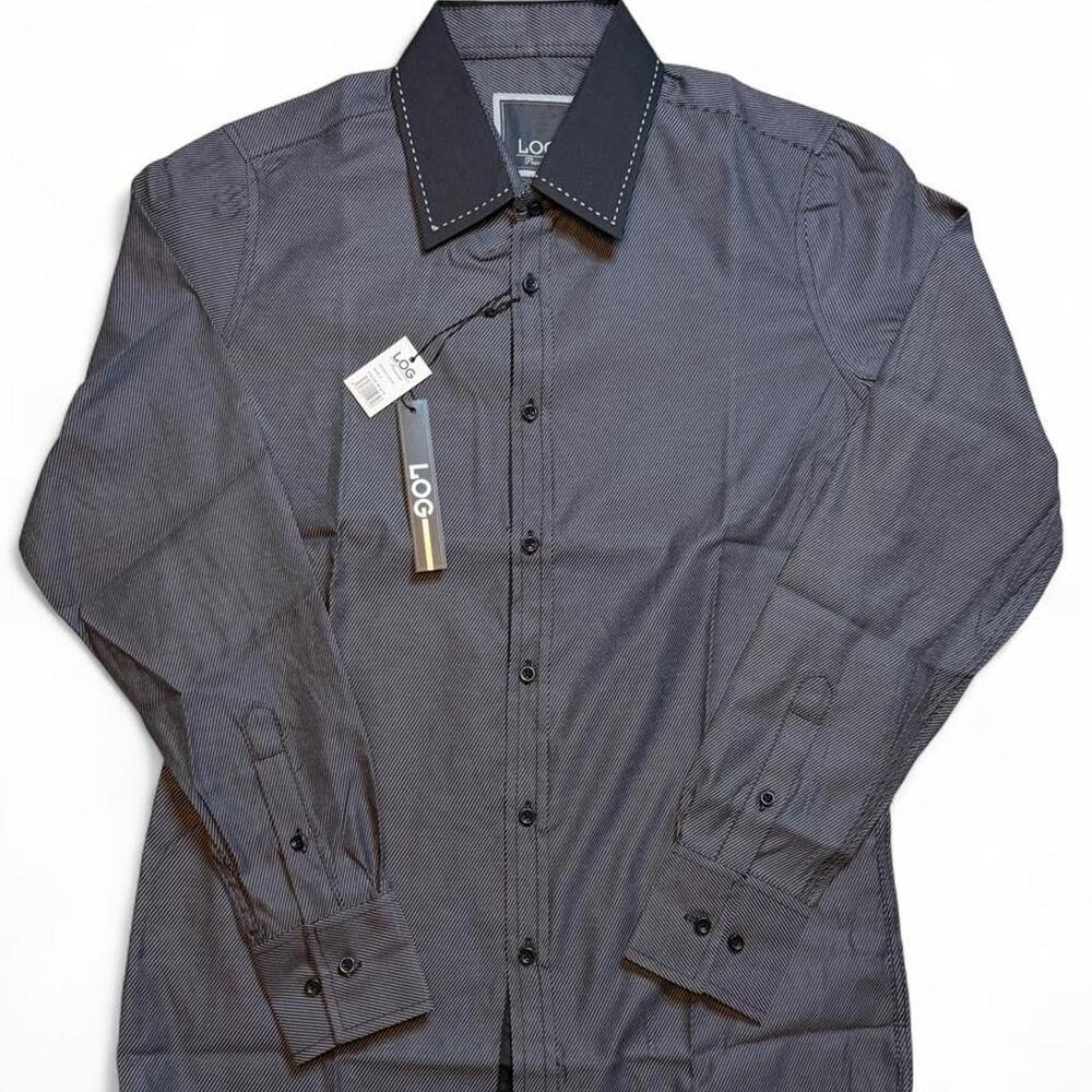 Log wear men’s Black & gray button-up shirt with black collar and white stitchin